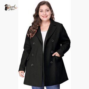 Polyester Long Coat Double Breasted Notched Lapel Midi Length